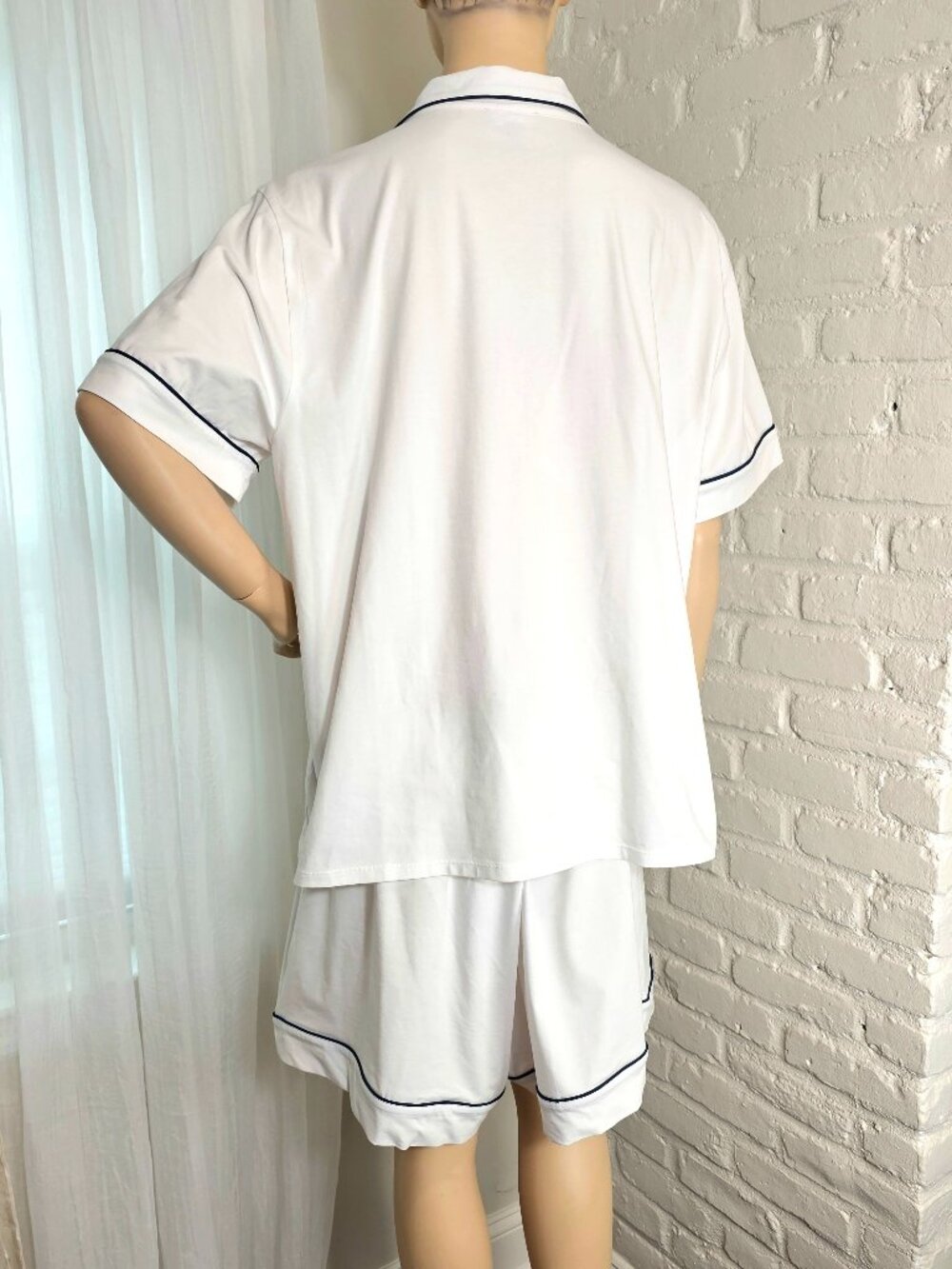 J.Crew Pajama Set Short Sleeve Button Down Shorts White Navy Piping XXL - Picture 9 of 16